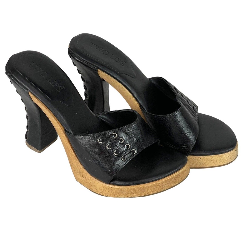 Two Lips 'Iona' Black Platform Sandals Leather Lace up Heel Womens Size 8M